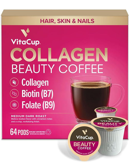 VitaCup Beauty Collagen Coffee Pods for Hair, Skin & Nails, with Biotin & Folate, Medium Dark Roast, Keto Friendly, Single Serve Pod Compatible with Keurig K-Cup Brewers,64 Ct