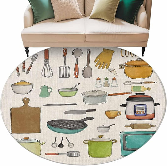 Cooking Kitchenware Kitchen Tool Pattern Round Rugs 7ft for Living Room Washable Circle Rug Non-Slip Carpet Soft Mat for Bedroom Dining Room Bathroom Home Holiday Decorations Indoor