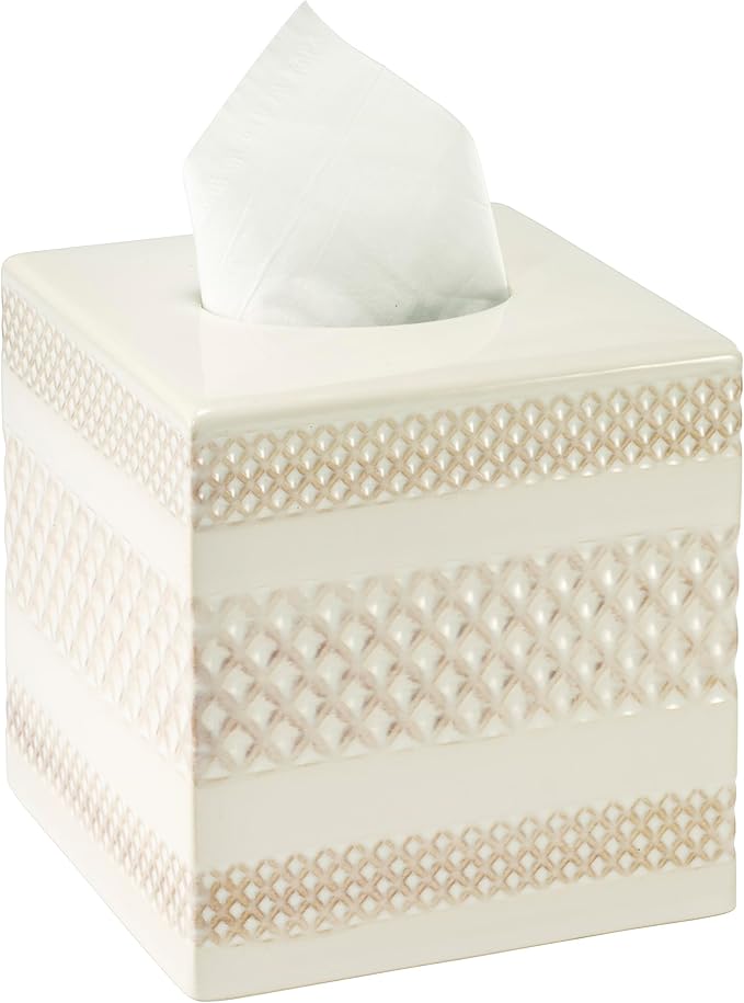 Nicole Miller – Tissue Box Cover, Glossy Embossed Trellis Ceramic with Reactive Glaze, Classic Home Decor – Perfect for Bathrooms, Bedrooms, Kitchens or Offices (Lyra)