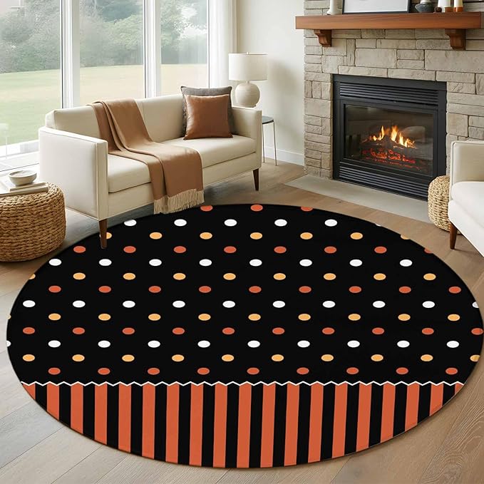 Washable Round Area Rug Halloween Polka Dots Orange Stripes Circle Rugs Floor Carpet for Living Room Bedroom, Seamless Dot on Black Soft Non Slip Round Rug 5ft
