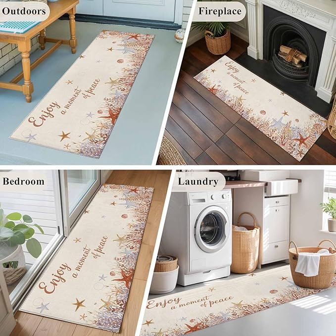 Runner Rug for Bedroom Hallway, Orange Marine Starfish Coral Seaweed Kitchen Runner Rugs Area Rug 2x6ft, Peace Quote on Linen Washable Soft Floor Carpet for Entryway Stair