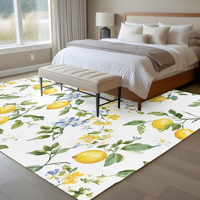 Area Rug 6x9ft, Summer Watercolor Lemon Flower Washable Rugs for Living Room Bedroom, Spring Farm Fruit Green Leaf Soft Non-Slip Area Rugs Rectangle Floor Carpet for Dining Room