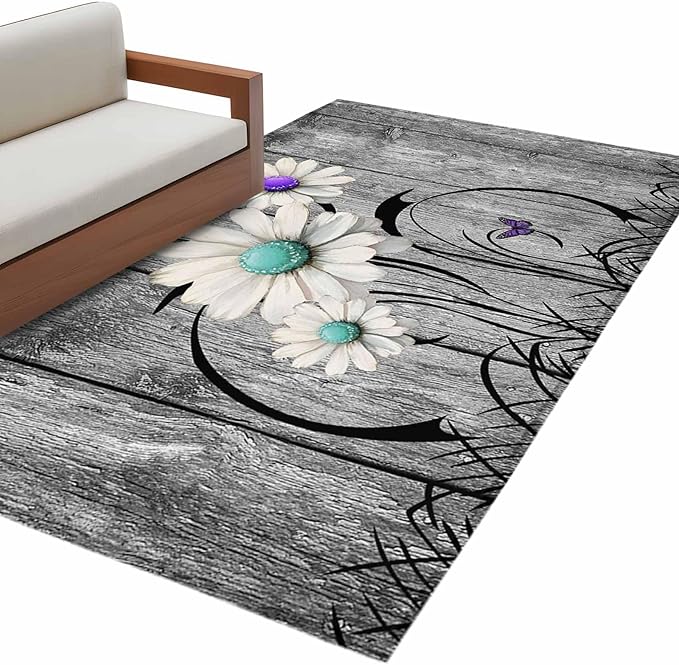 Area Rug 4x6ft, Farm Daisy Shabby Wood Grain Washable Rugs for Living Room Bedroom, Vintage Flower Plant Butterfly Soft Non-Slip Area Rugs Rectangle Floor Carpet for Dining Room