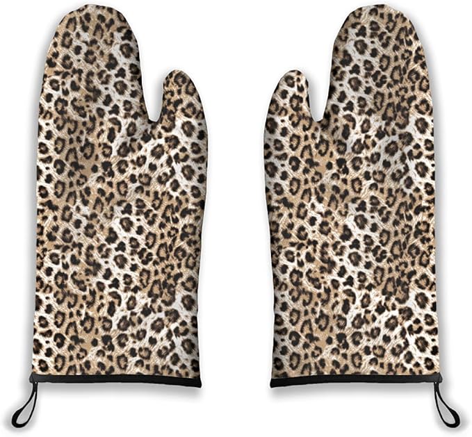 Oven Mitts Leopard Heat Resistant Wear-resistant Easy Clean Grill Gloves with Thick Cotton Liner for Grilling Cooking Baking 2PCS