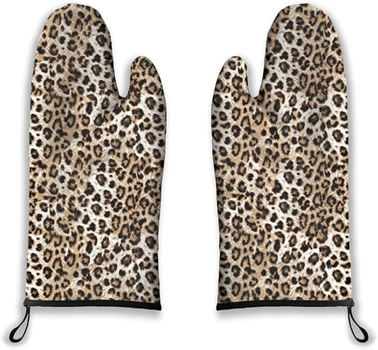 Oven Mitts Leopard Heat Resistant Wear-resistant Easy Clean Grill Gloves with Thick Cotton Liner for Grilling Cooking Baking 2PCS