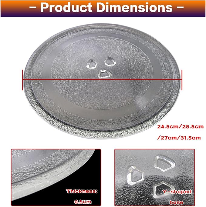 Microwave Glass Turntable Plate Replacement Accessories, 315/270/255/245mm Diameter Round Microwave Plate, Microwave Glass Tray with 3 Fixtures(25.5cm(10in))