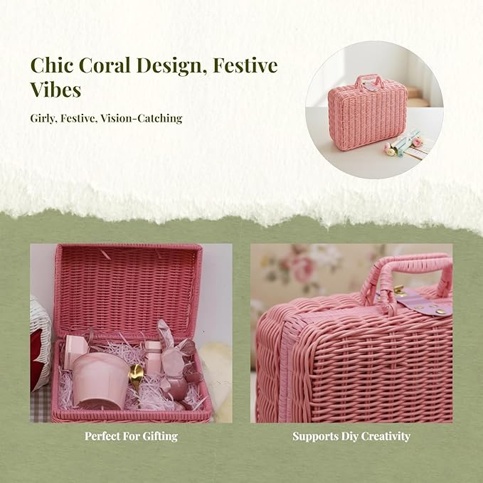 Woven Suitcase Imitation Rattan Storage Basket Gift Box Rustic Picnic Suitcase Handwoven Storage Case for Travelling Bathroom, Pink L