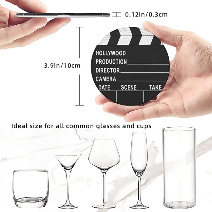 Movie Cinema Lapper Board Leather Drinks Coasters with Holder, Set of 6, Suitable for Various Cups