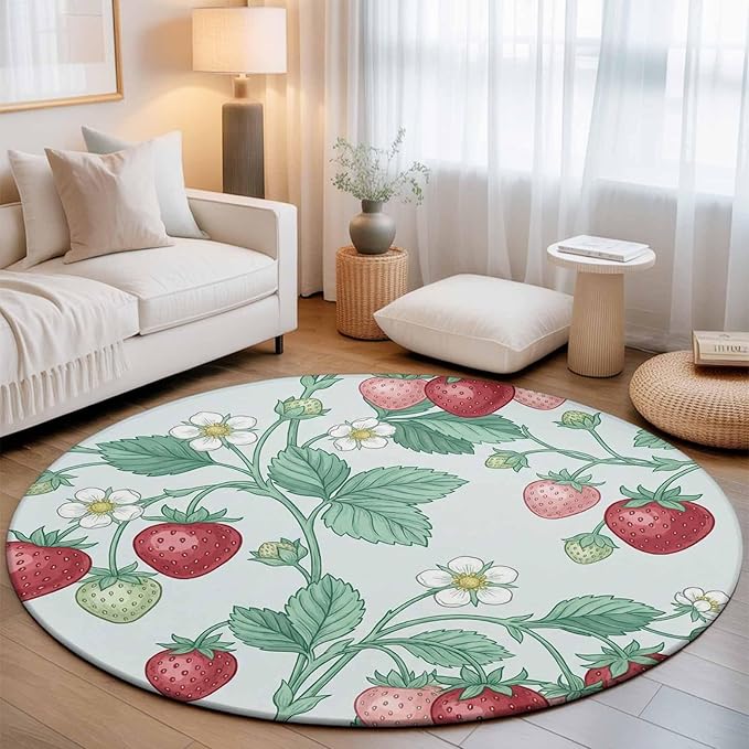 Washable Round Area Rug Strawberries White Flowers Circle Rugs Floor Carpet for Living Room Bedroom, Rustic Garden Botanical Soft Non Slip Round Rug 3ft