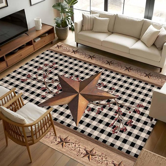 Brown Texas Star Retro 5x8 Area Rugs, Country Star Non-Skid Rubber Backing Large Rectangle Rugs - Living Room Bedroom Home Office, Black White Plaid Wooden Indoor Floor Mat Carpets Washable Rug
