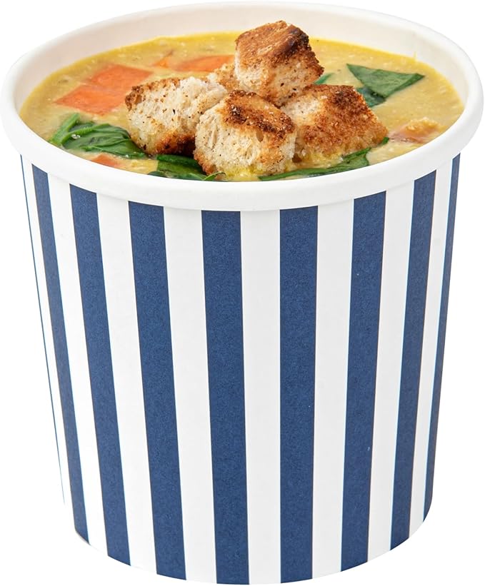 Restaurantware Bio Tek 12 Ounce Soup Containers 200 Durable Soup Bowls - Disposable Sustainable Blue And White Paper Soup Cups Striped Round For Hot Or Cold Foods