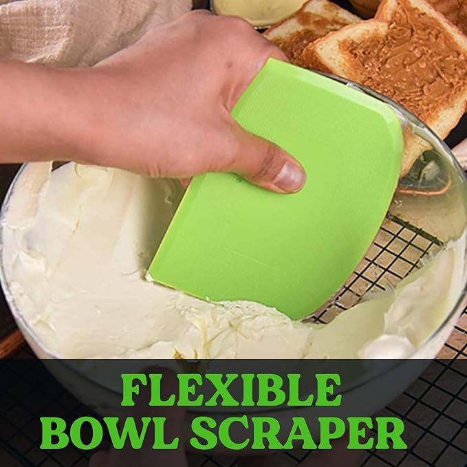 SURDOCA Dough Scraper Bench Scraper - 3P 14.2x8.5" Plastic Flexible Bowl Scraper, Sharp Edge & Angles Cake Scraper. Non-Slip Bakeware Decorating Tools Sculpting & Modeling Tools - Green+Yellow+Green