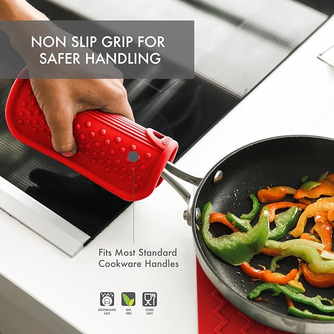 Dexas Silicone Pot Handle Holder, Heat Resistant Non Slip Grip for Hot Cookware Handles, Dishwasher Safe Kitchen Accessory, Red