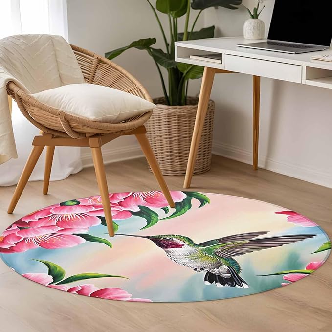 Washable Round Area Rug Hummingbird Flower Peach Blossom Circle Rugs Floor Carpet for Living Room Bedroom, Nature Oil Painting Art Soft Non Slip Round Rug 4ft