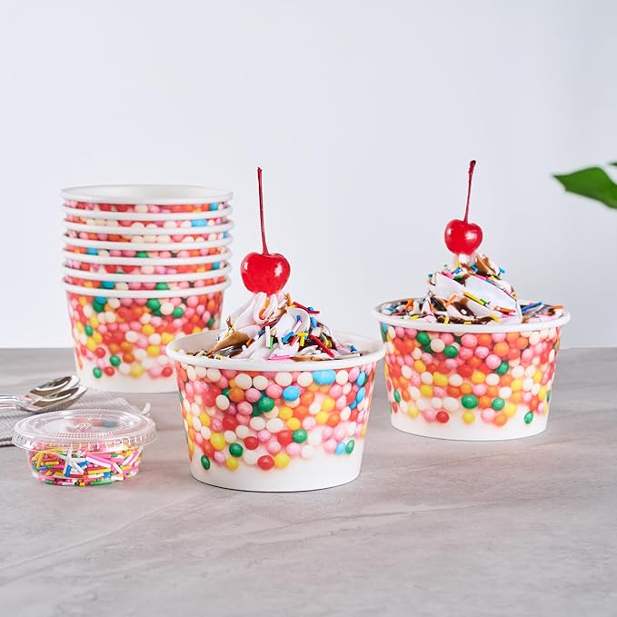 Coppetta 8 Ounce Dessert Cups, 50 Greaseproof Ice Cream Cups - Lids Sold Separately, For Hot And Cold Foods, White Paper Yogurt Bowls, Round Sprinkle Design, Disposable, Sturdy - Restaurantware
