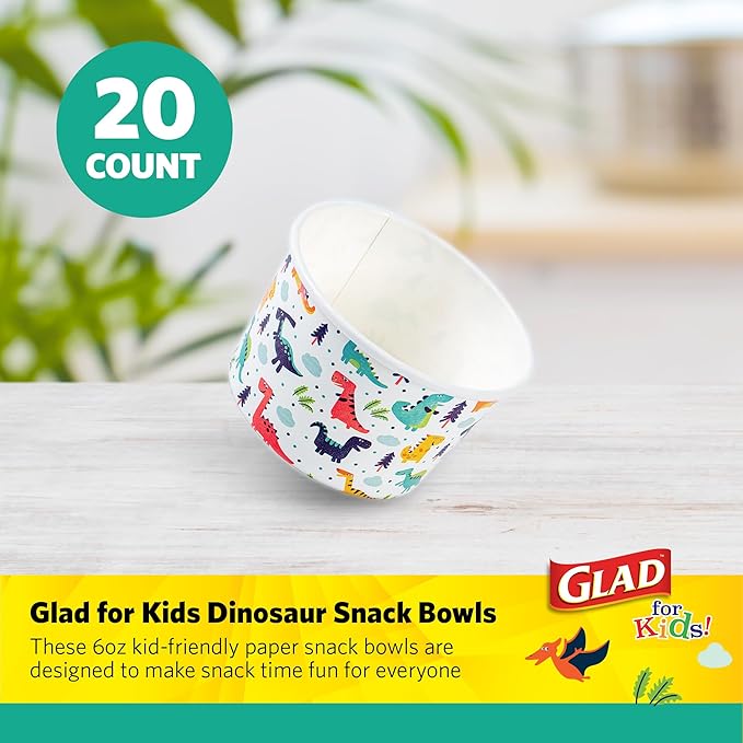 Glad for Kids Mini Dinosaurs Paper Snack Bowls, Colorful Heavy Duty Microwave Safe Disposable Bowls for Soup, Ice Cream, and Snacks, Lids Not Included, Multicolor, Party Pack, 6 Oz, 20 Count