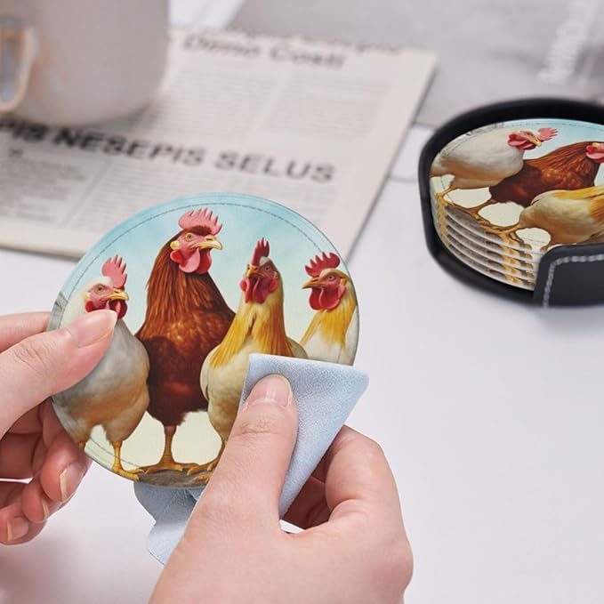 Famame 6 Pcs Chicken Roosters Farm Animals Leather Coasters for Drinks with Holder Coaster Sets Drink Table Cup Coasters for Living Room Kitchen Coffee Decor