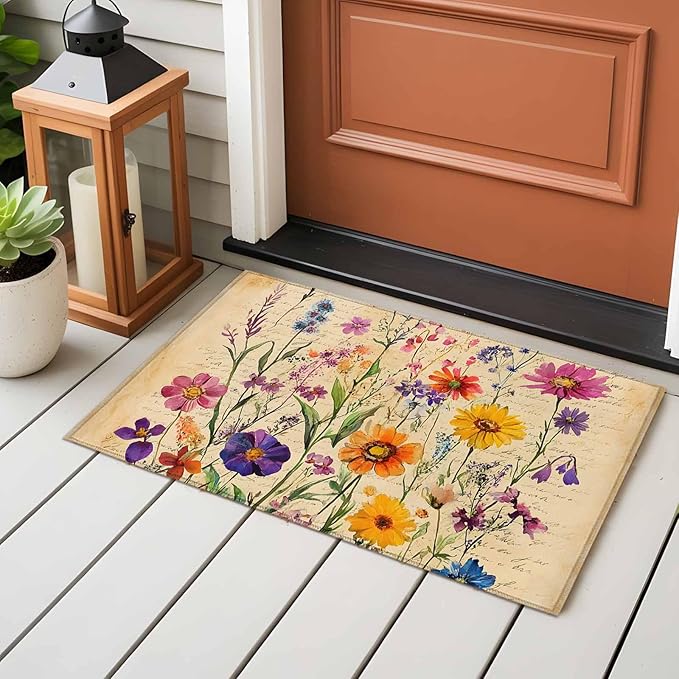 Area Rug 2x3ft, Farmhouse Colorful Small Flower Washable Rugs for Living Room Bedroom, Retro Backdrop Seamless Soft Non-Slip Area Rugs Rectangle Floor Carpet for Dining Room
