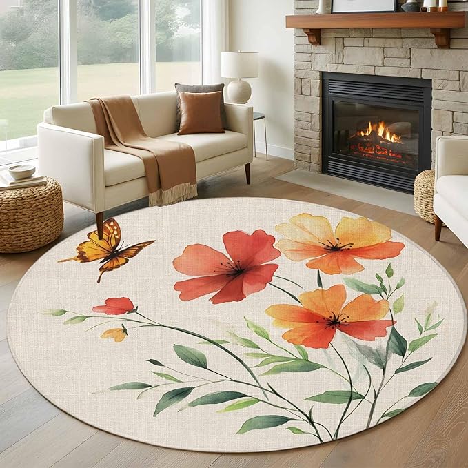 Washable Round Area Rug Summer Watercolor Flower Butterfly Circle Rugs Floor Carpet for Living Room Bedroom, Green Leaves Retro Linen Soft Non Slip Round Rug 5ft