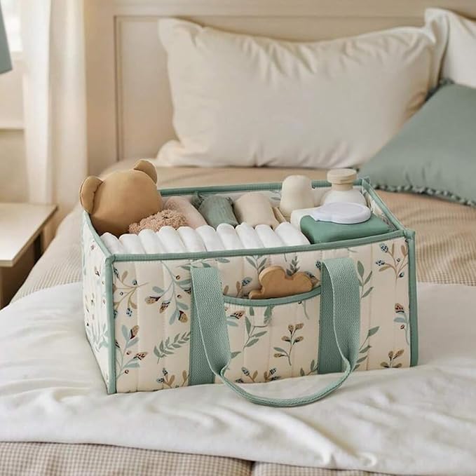 Quilted Fabric Storage Basket Floral Baby Diaper Caddy Quilted Basket for Nursery Bedroom Car Storage (L- Light Green)
