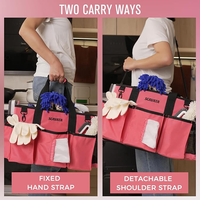 SCAVATA Wearable Cleaning Caddy Bag, Cleaning Caddy Supplies Organizer with Handle & Shoulder Straps for Housekeepers, Under Sink & Car Cleaning Tool Organizers with 4 Foldable Divider (RoseRed)