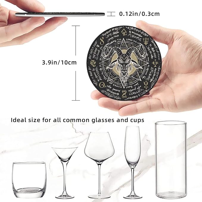 Satanic Goat Star Leather Drinks Coasters with Holder, Set of 6, Suitable for Various Cups