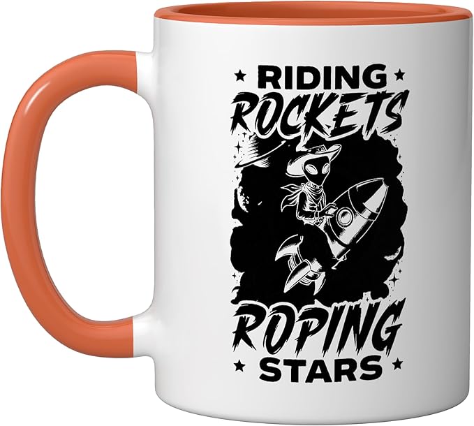 Alien Lover Flying Saucer UFO Extraterrestrial Cowboy Ceramic Mug, Orange/White