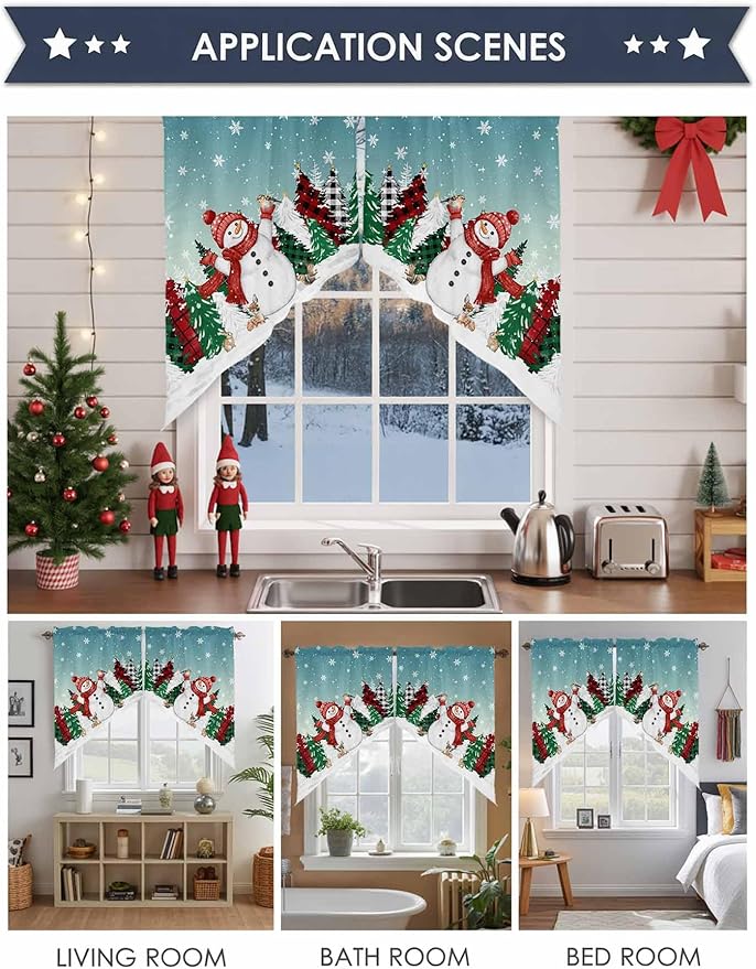 Christmas Snowman Swag Valance Curains Winter Xmas Tree Snowflakes Gradient Green Rod Pocket Kitchen Curtains Scalloped Window Treatment Valances Swag for Living Room Bedroom, 1 Pair, 36"W x 45"L