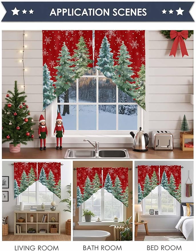 Christmas Tree Swag Valance Curains Winter Pine Tree Xmas Forest Snowflakes Red Rod Pocket Kitchen Curtains Scalloped Window Treatment Valances Swag for Living Room Bedroom, 1 Pair, 36"W x 36"L