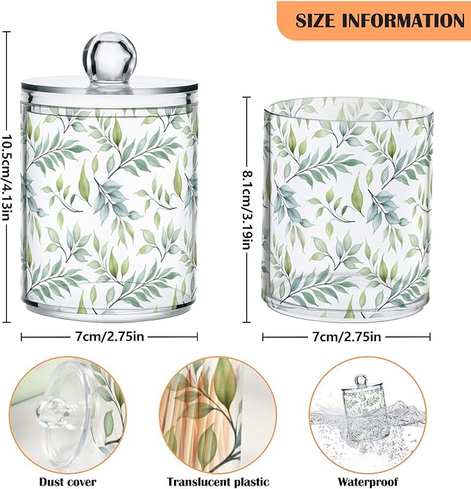 Bathroom Canister Set of 2, Green Leaf Plant Summer Clear Plastic Jars Holder Dispenser Farmhouse Sugar Storage Countertop With Airtight Lids, Kitchen Theme Decor