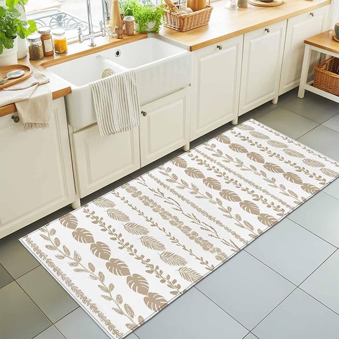 Runner Rug for Bedroom Hallway, Farmhouse Monstera Leaf Seamless Kitchen Runner Rugs Area Rug 2x6ft, Summer Rustic Abstract Leaves Washable Soft Floor Carpet for Entryway Stair