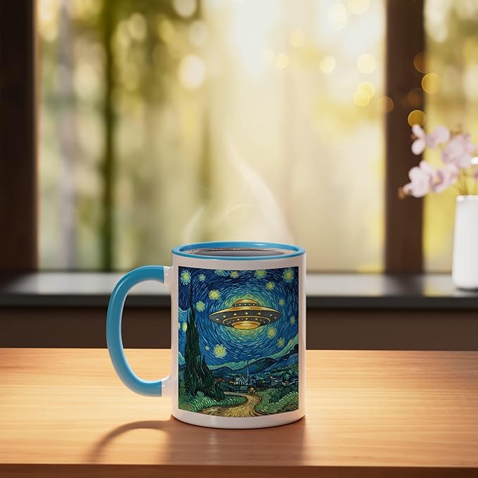 Ufo Over Starry Night Van Gogh Style Sci Fi Saucer Art Ceramic Mug, Blue/White