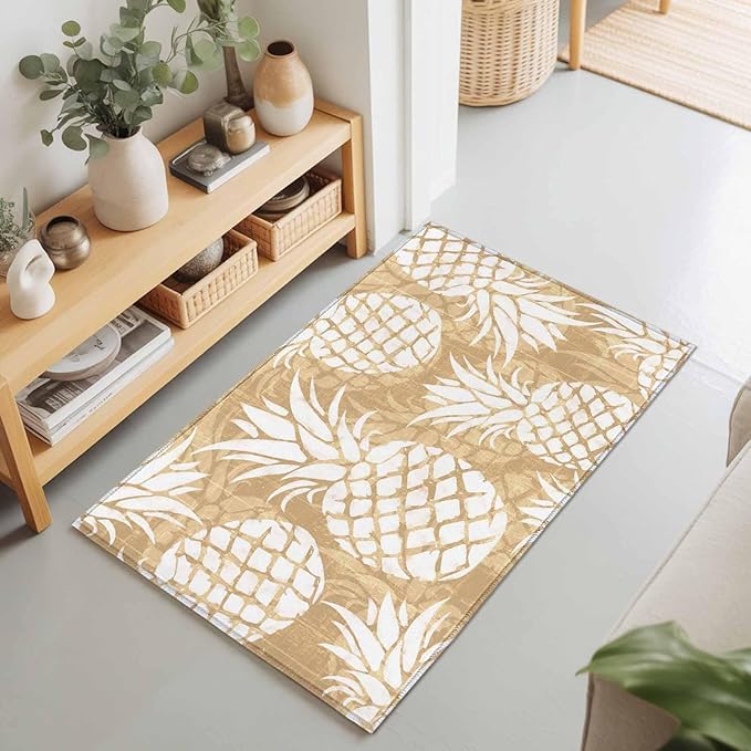 Area Rug 2x3ft, Summer Fruit Pineapple Washable Rugs for Living Room Bedroom, Rustic Vintage Tropical Leaves Soft Non-Slip Area Rugs Rectangle Floor Carpet for Dining Room