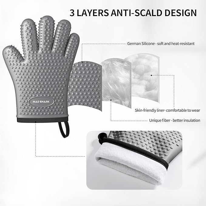 MAD SHARK Silicone Oven Mitts Heat Resistant 450°F,Waterproof & Non-Slip Oven Gloves with Fingers,Cotton Lined Silicone Oven Gloves Kitchen Mitts for Baking Cooking Barbecue,Women,Oven (GREY1)