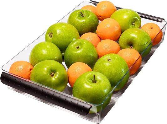 madesmart Premium Medium Fridge Bin, Organizer for Produce, Cheeses, Meats & Deli Items, Dry-Erase Label Area, Multi-Purpose Fridge Storage, Soft Grip Handles, Clear