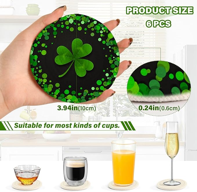 YETTASBIN St. Patrick's Day Shamrock 6 Pcs Drink Coasters with Holder, Cotton Woven Absorbent Heat-Resistant Round Coaster Non-Slip Table Mat for Kitchen Bar Home Decor Housewarming Gift, 3.9 in