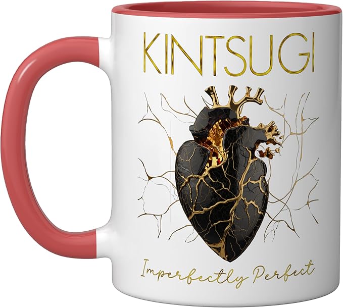 Kintsugi Pottery Golden Heart Japanese Art repair Pottery Ceramic Mug, Red/White