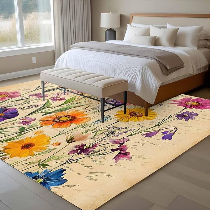 Area Rug 6x9ft, Farmhouse Colorful Small Flower Washable Rugs for Living Room Bedroom, Retro Backdrop Seamless Soft Non-Slip Area Rugs Rectangle Floor Carpet for Dining Room