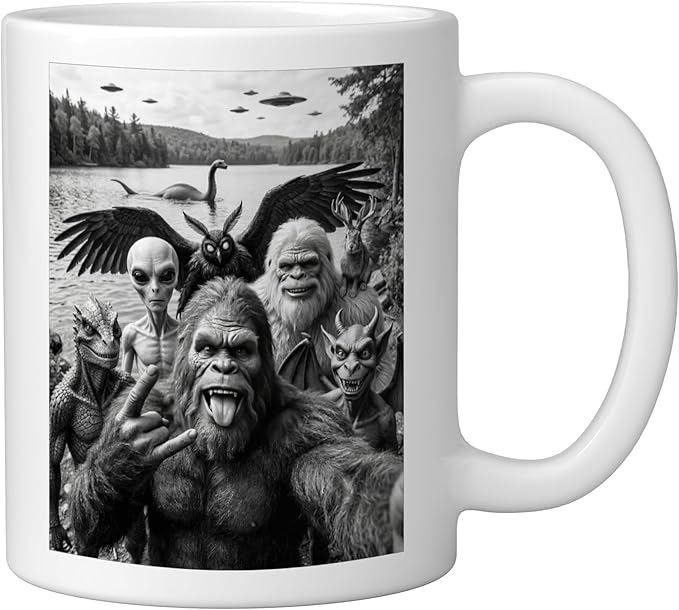 Bigfoot Alien Loch Ness Monster UFO Cryptids Selfie Ceramic Mug, White