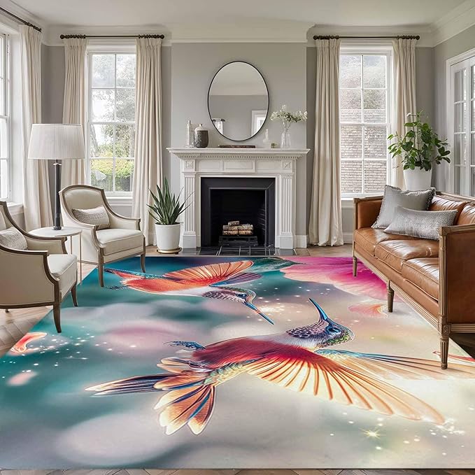Area Rug 6x9ft, Spring Hummingbird Pink Petals Flowers Washable Rugs for Living Room Bedroom, Dreamlike Animal Focus Scenery Soft Non-Slip Area Rugs Rectangle Floor Carpet for Dining Room