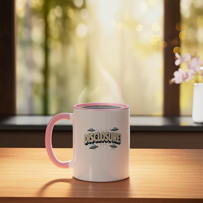 UFO DISCLOSURE Extraterrestrial ET's Aliens Spacecraft SciFi Ceramic Mug, Pink/White