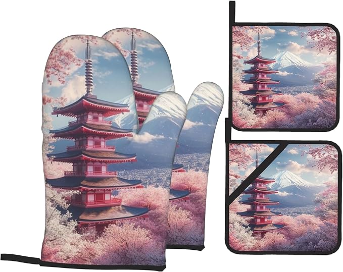 Cherry Blossom Mount Fuji Oven Mitts & Potholder Set of 4 - Heat Resistant Kitchen Gloves Hot Pads for Baking, Cooking, Gifts for Women