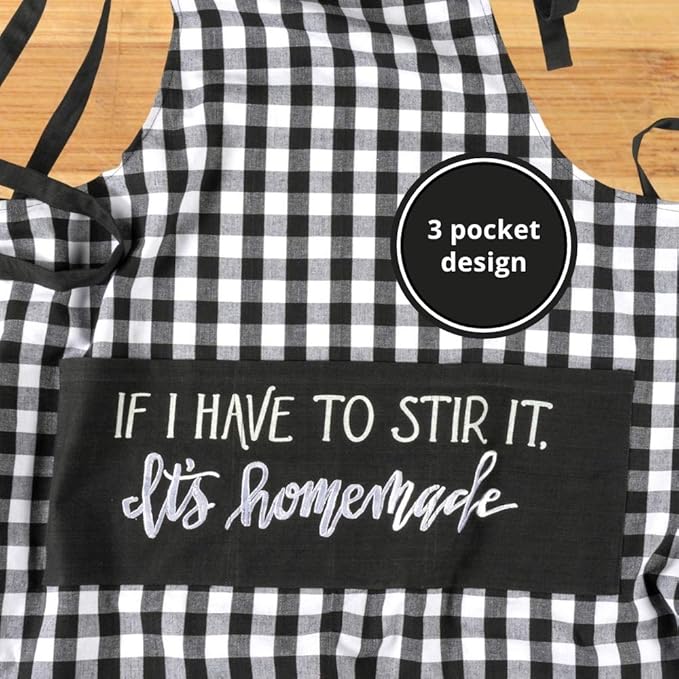 Primitives by Kathy Funny Adjustable Kitchen Apron with 3 Center Pockets for Cooking & Baking, If I Have to Stir It It's Homemade, 100% Cotton, Black and White