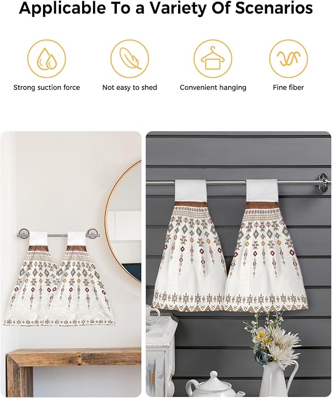 Alandar Home Kitchen Tie Towel Set of 2, Boho Tribal Totem Aztec Ethnic Stripe Absorbent Soft Hand Towels for Bathroom Hanging Towels, Vintage Brown Plank Fast Drying Cleaning Cloth with Loop