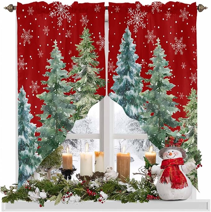 Christmas Tree Swag Valance Curains Winter Pine Tree Xmas Forest Snowflakes Red Rod Pocket Kitchen Curtains Scalloped Window Treatment Valances Swag for Living Room Bedroom, 1 Pair, 36"W x 45"L