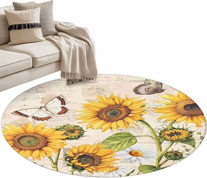 Sunflower Farmhouse 3ft Round Rug, Retro Floral Butterflies Non-Skid Rubber Backing Large Area Rugs - Living Room Bedroom Home Office, Spring Summer Indoor Floor Mat Carpets Washable Rug