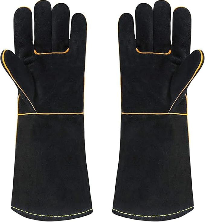 Heat Resistant Gloves for Grill BBQ,Long Sleeve Grill Gloves for Baking,Oven,Fireproof, Stove,Welder,Welding,Fireplace (Black-Yellow)