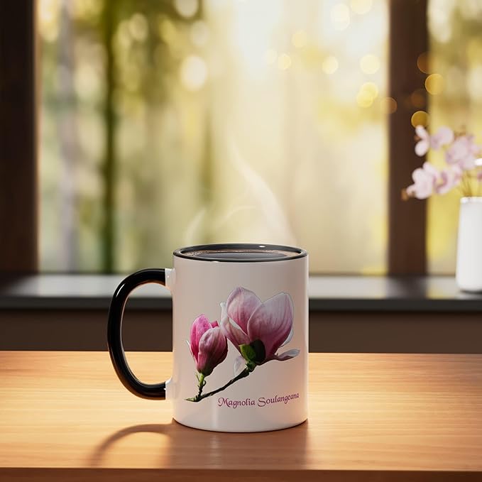Magnolia Soulangeana Flower Saucer Magnolia Flower Ceramic Mug, Black/White