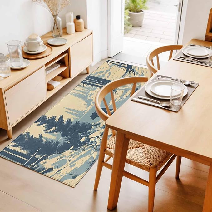 Runner Rug for Bedroom Hallway, Winter Bear Evergreen Trees Kitchen Runner Rugs Area Rug 2x6ft, Rustic Snow River Washable Soft Floor Carpet for Entryway Stair