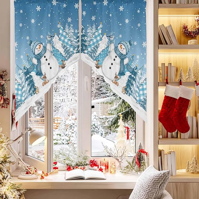 Christmas Snowman Swag Valance Curains Winter Xmas Tree Snowflakes Gradient Blue Rod Pocket Kitchen Curtains Scalloped Window Treatment Valances Swag for Living Room Bedroom, 1 Pair, 36"W x 45"L